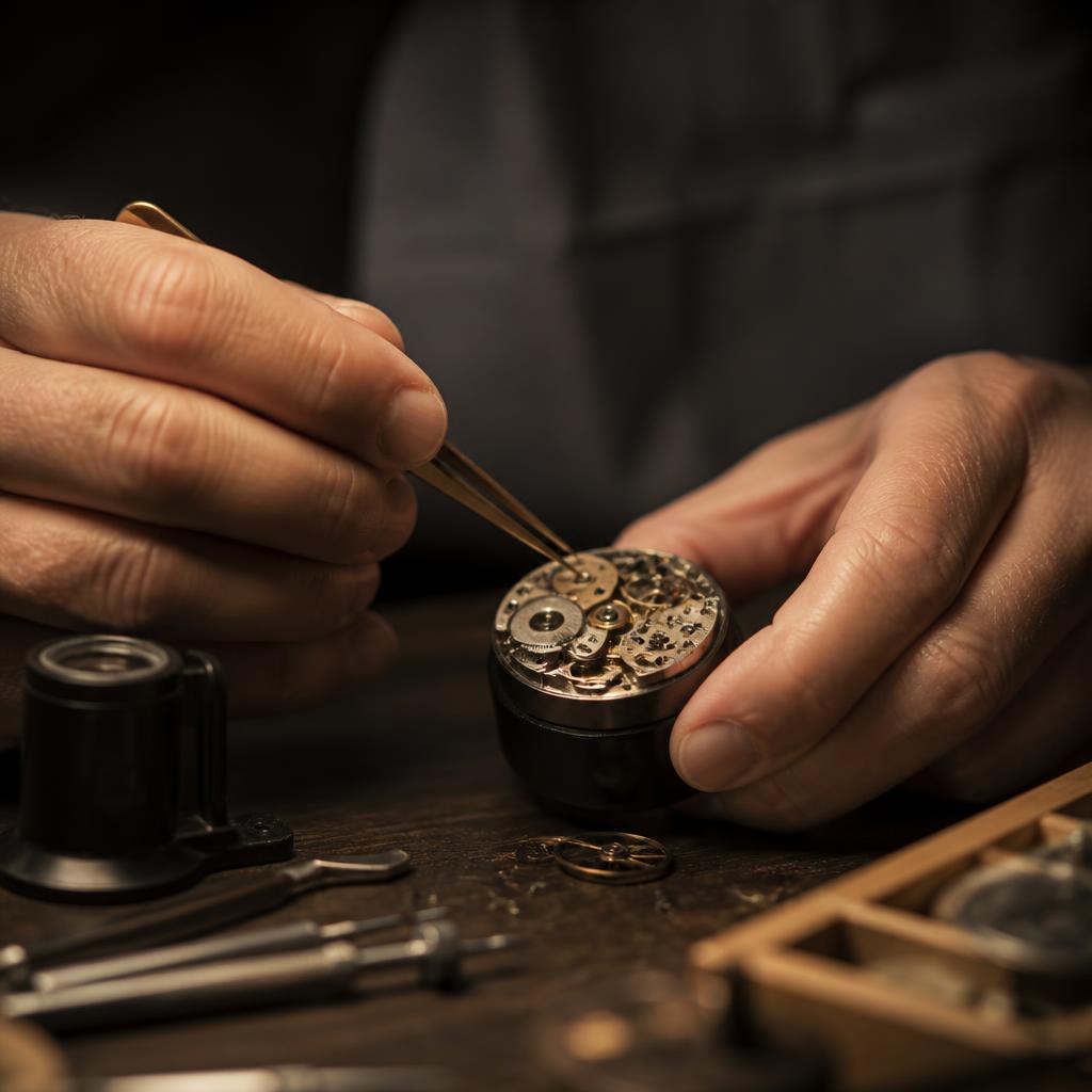 Un horloger assemble un calibre à la loupe binoculaire