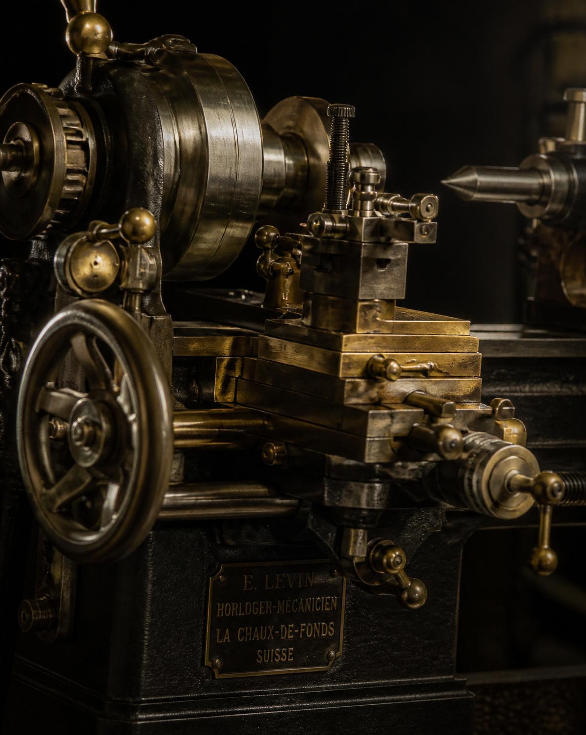 Tour d'horloger ancien en laiton dans l'atelier de mécanique